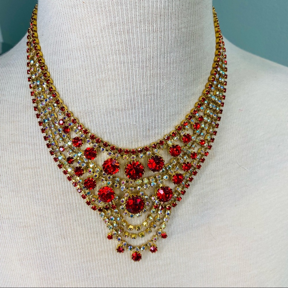Vintage RED & GOLD Rhinestone NECKLACE / Stunning Statement necklace